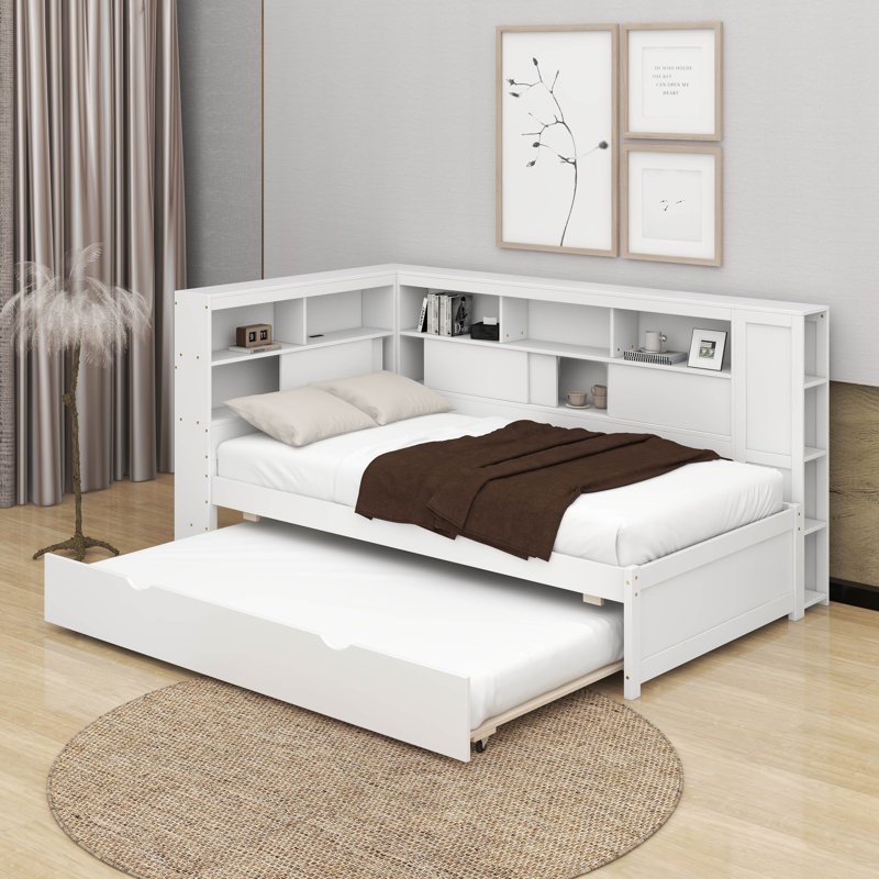 Lit de jour simple avec tablettes, USB et lit gigogne, Blanc