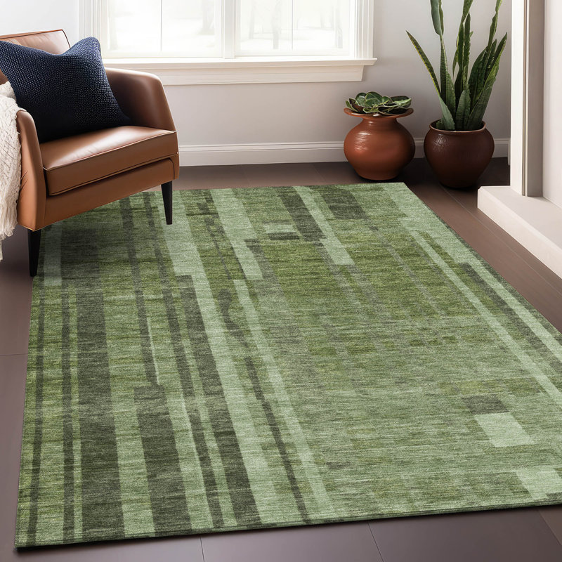 Green Striped Synthetic Washable Indoor/Outdoor Rug 2'6" x 3'10"