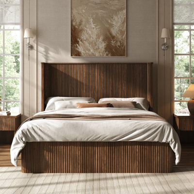 Queen Size Fluted Wood Platform Bed Frame with 47.2" Tall Curved Headboard and 4 Drawers, Wood Slat Support, No Box Spring Needed