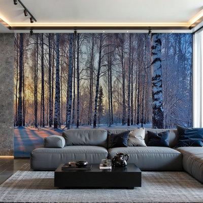 Peel and Stick Wallpaper Wall Mural Beautiful golden sunset winter birches forest Wall Art Self Adhesive and Removable