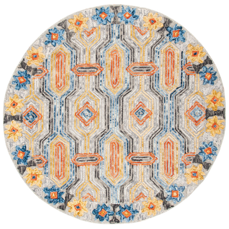 Rubalcava Hand Tufted Wool And Cotton Geometric Rug, Round 4'