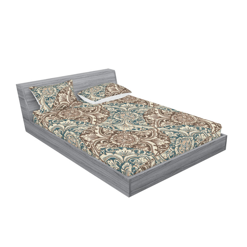 Ambesonne Fitted Sheet & Sham Antique Feeling Flora Art Grey Teal Umber and Taupe