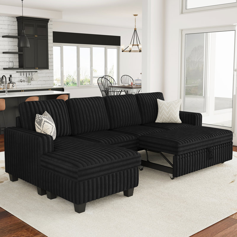 L - Shaped Sofa With Fixed Storage Chaise Soft Upholstery For Modern Living, Black Faux Fur