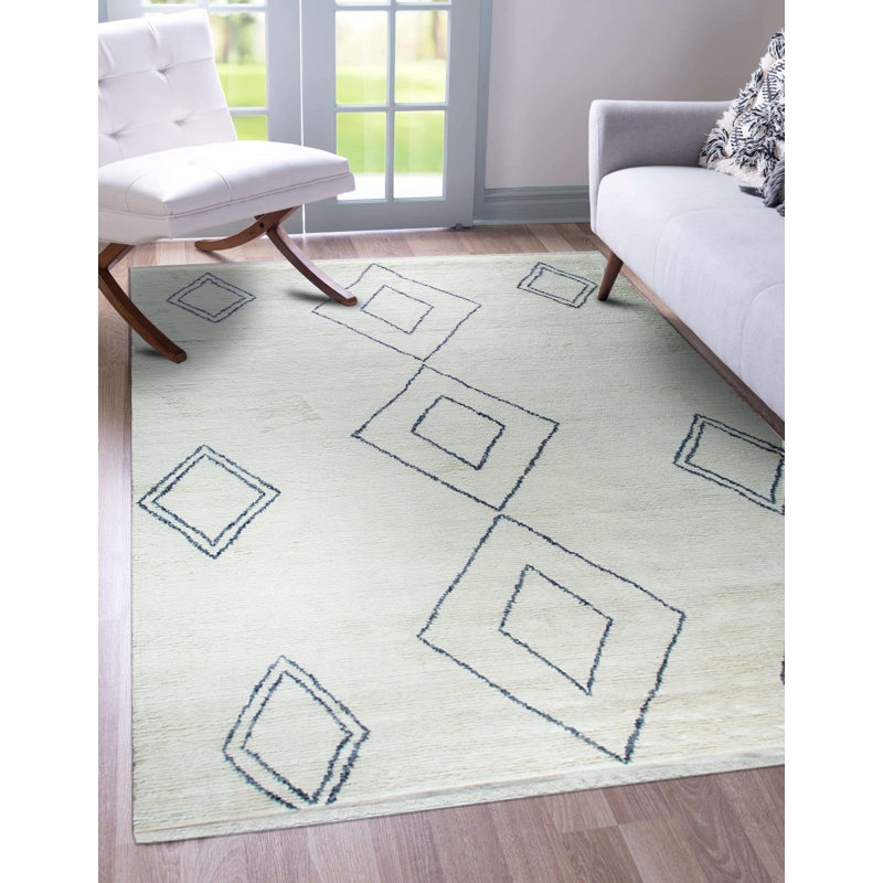 Tapis ivoire intérieur moderne en laine marocaine noué à la main de style moderne et classique, Rectangle 8 pi x 10 pi