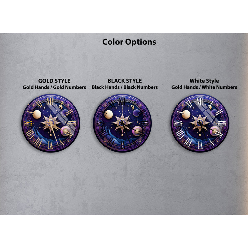 Horloge murale ronde en verre trempé 24 po Celestial Planets and Guiding Star, Blanc