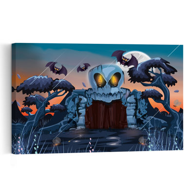 Affiche murale abstraite contemporaine représentant une porte de crâne au clair de lune, un paysage de chauves-souris et une nature.