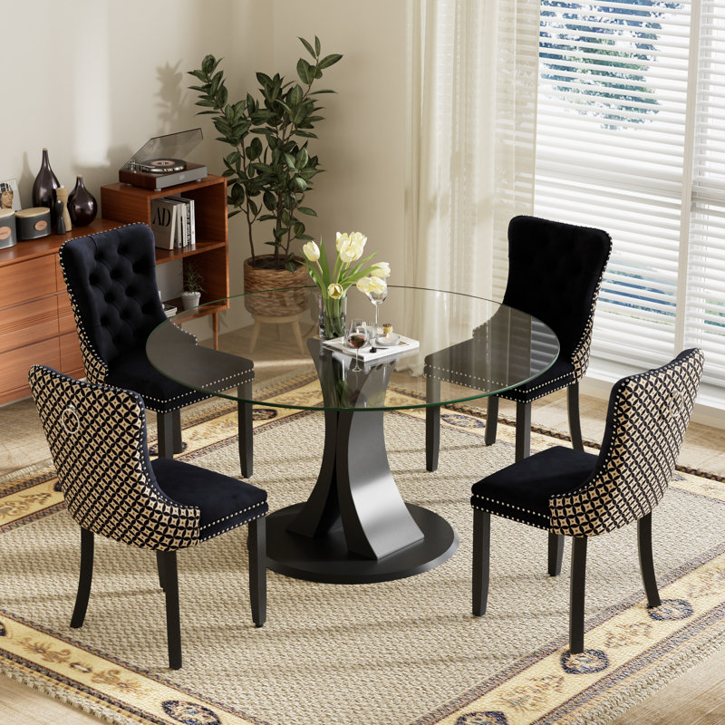 Ensemble de salle à manger 4 pièces, H 29,5 po x l 39,7 po x P 39,7 po, Clair, Noir géométrique