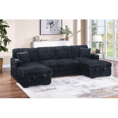 Convertible Sectional 3Pc Corduroy Fabric Upholstered Sleeper Sofa Two Storage Chaises Finish Primary Living Room