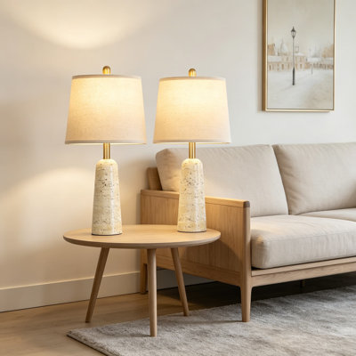 Ensemble de 2 lampes de table en béton modernes avec finition pierre de travertin, lampes de chevet minimalistes pour la chambre à coucher et le salon avec ampoules DEL incluses