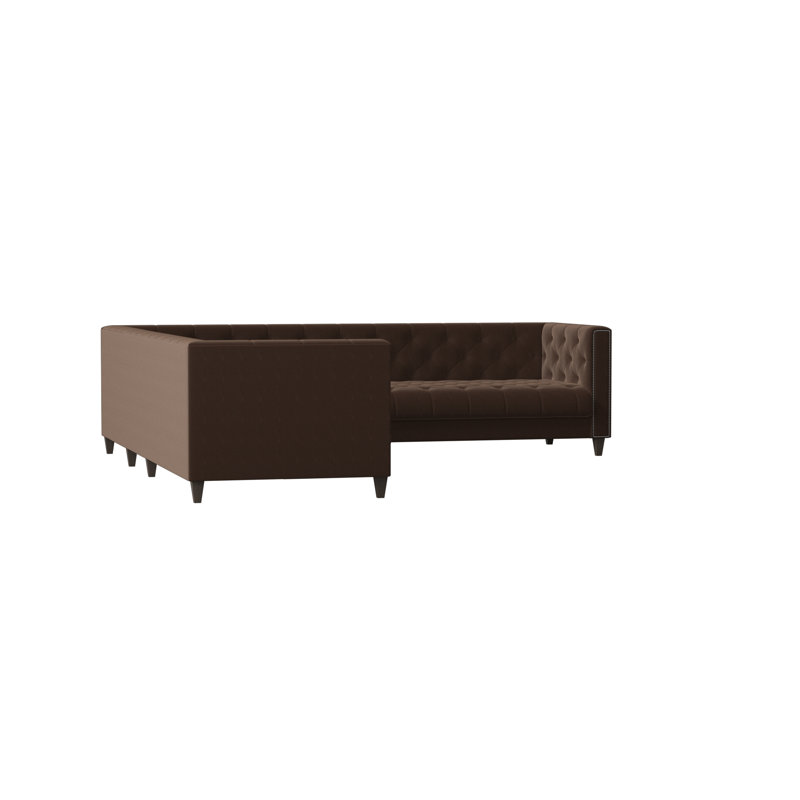 Kimmy Upholstered L-Shaped Sectional Left Hand Facing, Sachi Chocolate, Shiny Nickel, Mossy Gray