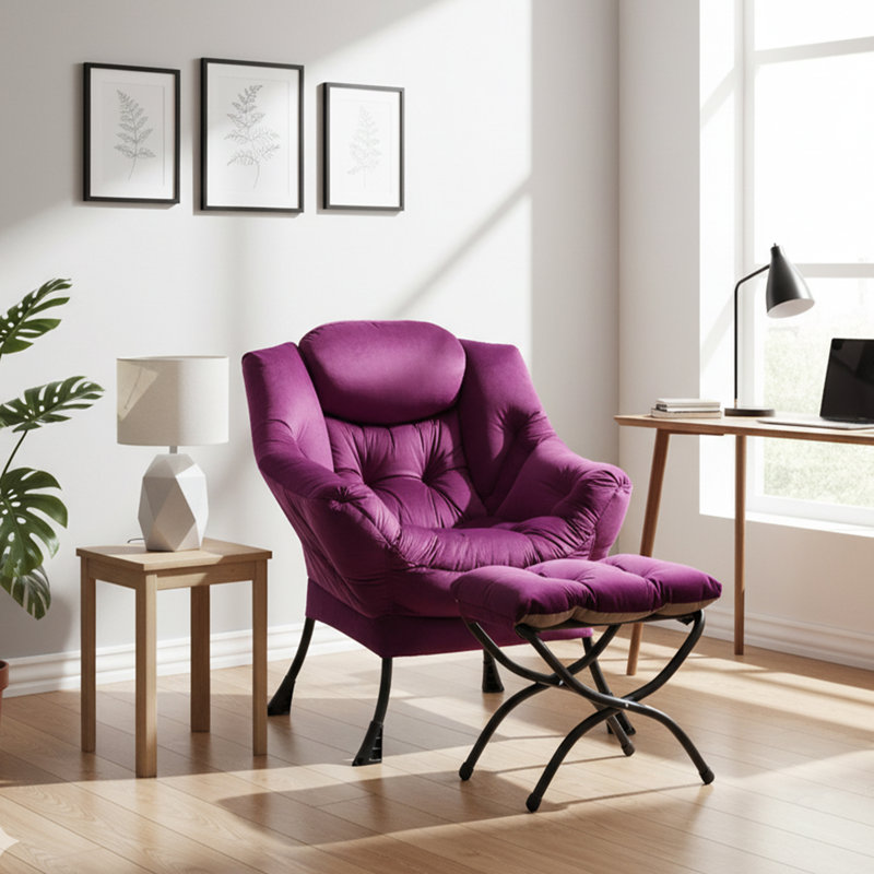Abramson Lazy Chair, Modern Lounge Accent Chair with Armrests and a Side Pocket, Dark Purple Velvet, No
