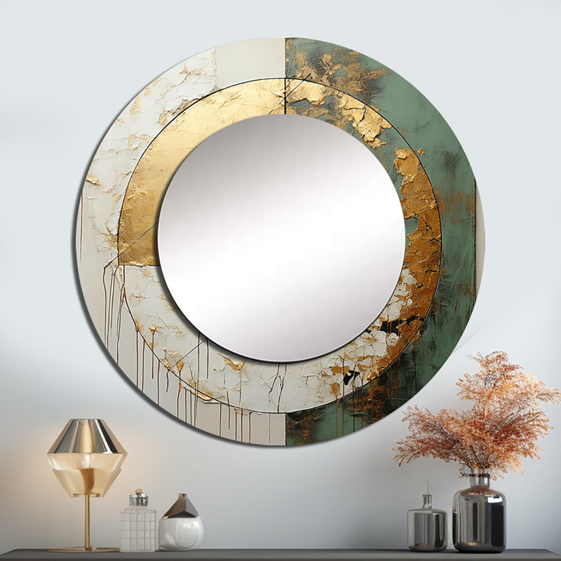 Selana or et vert peinture Fusion I - peinture abstraite murale miroir, miroir décoratif rond moderne, impression d'art en métal