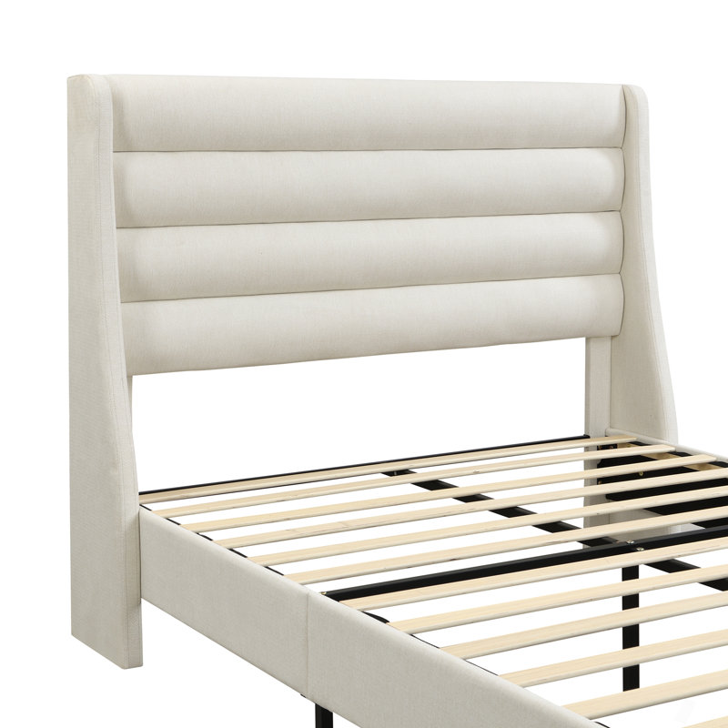 Lit plateforme tapissier avec tête de lit haute et tête de lit ondulée, tissu chenille de qualité supérieure, lit plateforme minimaliste moderne