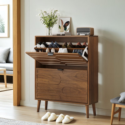 Medieval Modern Independent Shoe Cabinet, 31.5-Inch Walnut Shoe Storage Cabinet,, Fence Shoe Cabinet With 2 Flip Drawers, Suitable For Corridors And Entrances