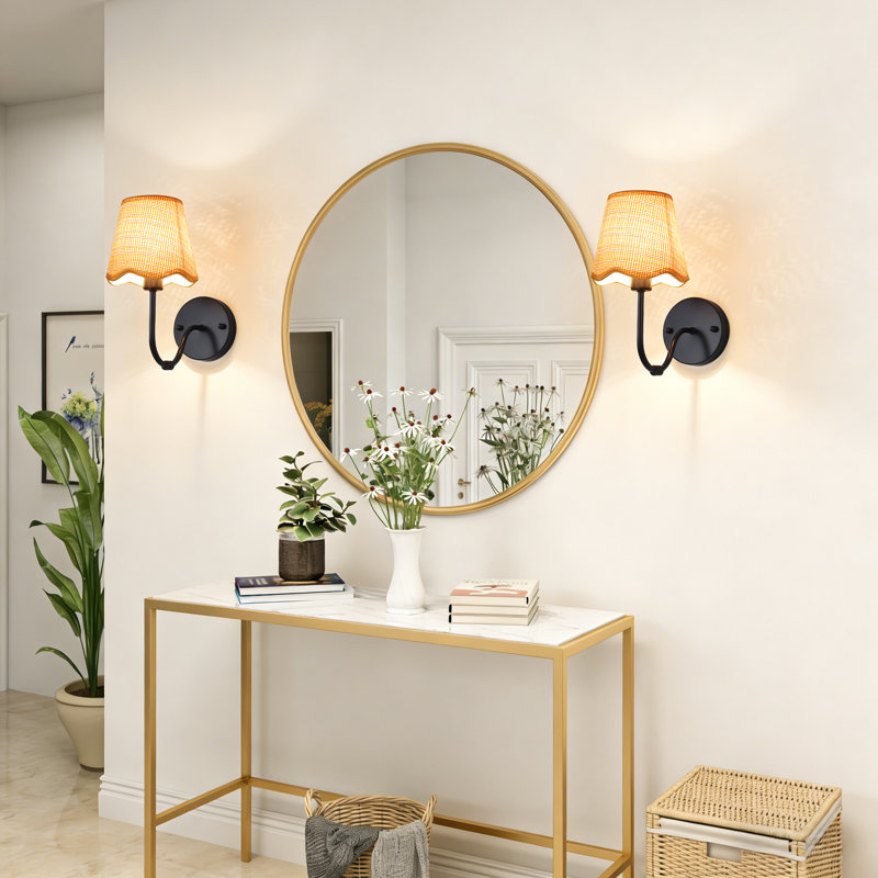 Set Of 2 Boho Rattan Wall Sconces, Rustic Modern Hand Woven Wicker Wall Light For Toilet, Hallway, Staircase, Living Room, Bathroom Dining Room