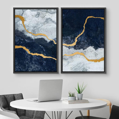 Paysage de marbre bleu et blanc avec rayures dorées et formes abstraites encadrées sur toile, 2 pièces