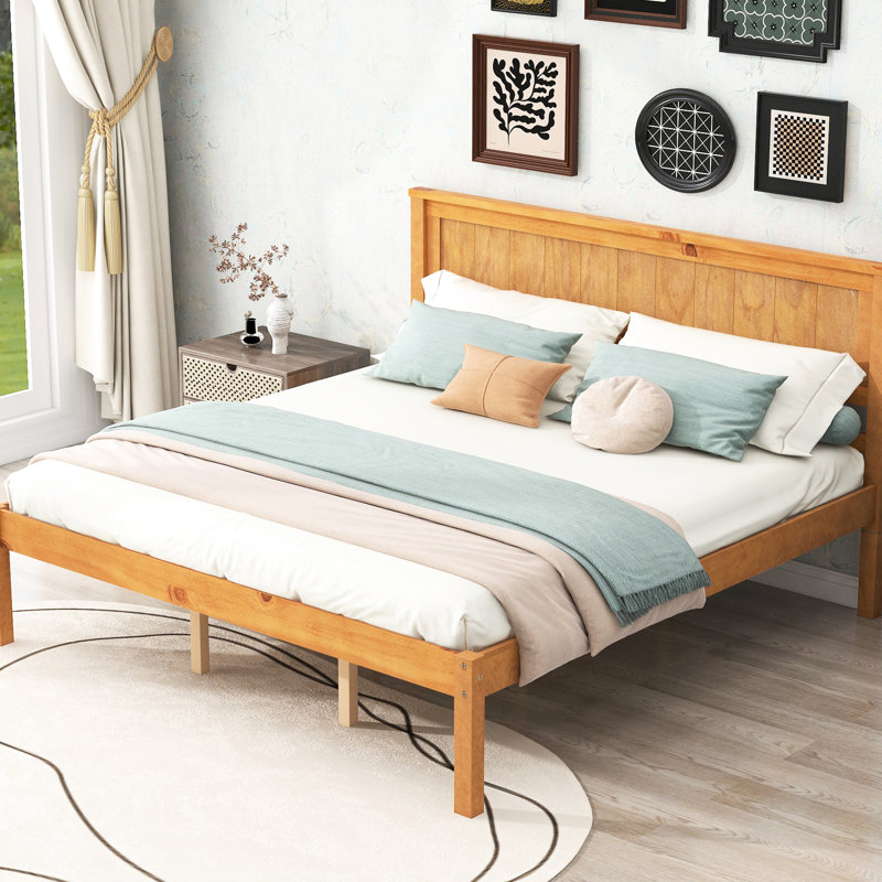 Structure de lit pour la chambre à coucher avec grand lit, tête de lit incluse, support à lattes de bois, sans sommier tapissier, option grand lit avec tête de lit, ressort nécessaire, fabriqué en chêne
