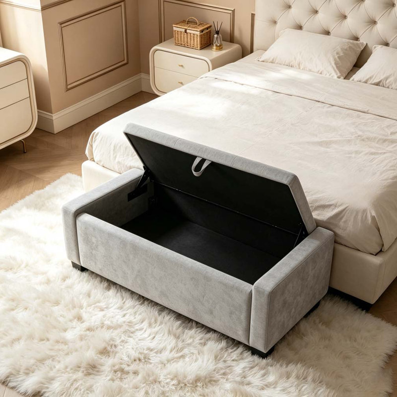 Repose-pieds 48 po avec rangement, banc de rangement pour repose-pieds, Gris clair