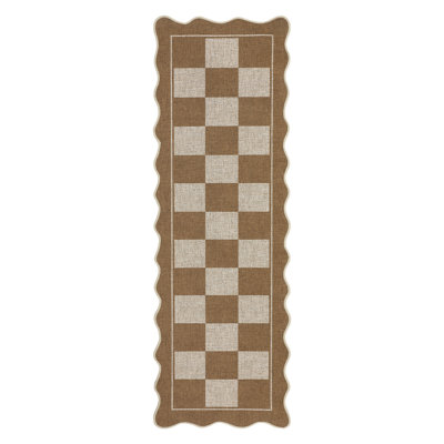 Scalloped Checkerboard Rug Outdoor Rug Easy Jute Area Rugs for Living Room Washable Front Door Mat Farmhouse Non Slip Carpet for Patio Backyard 