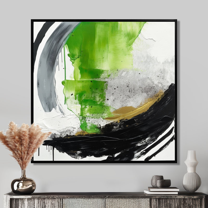 «Green and Black Geometric Enchantment I», reproductions de toiles abstraites en marbre, 44" H x 44" W, Cadre flottant noir