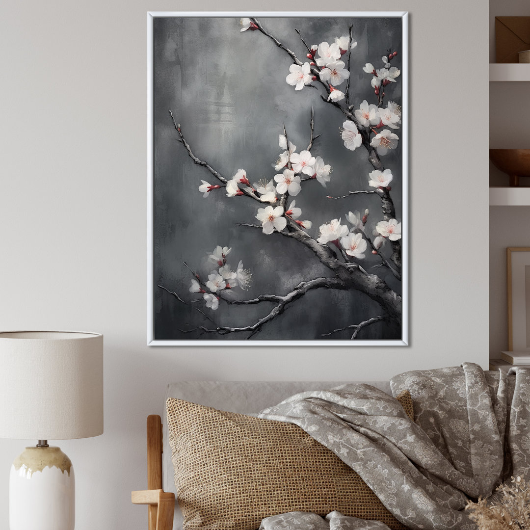 Cherry Blossoms White On 20 Shades Of Grey - Cherry Framed Canvas Print Wall Art Design Art