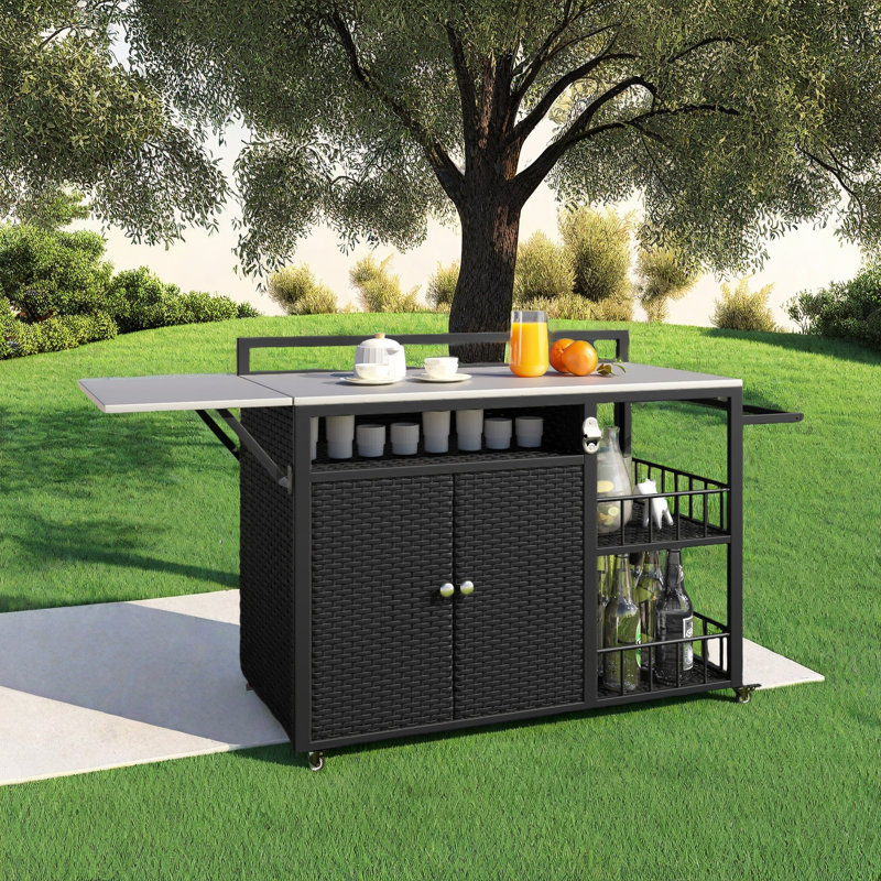 Outdoor Rolling Bar Cart Kitchen Island With Storage And Foldable Side Table