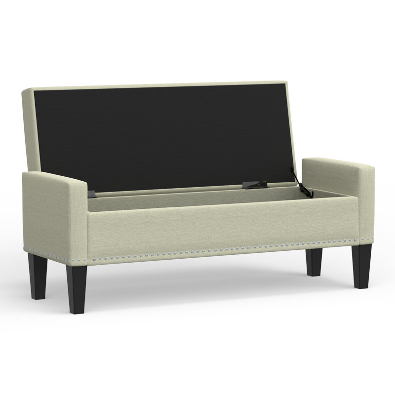 52" Upholstered Storage Bench With Truncated Arms and Nailhead Trim, Beige
