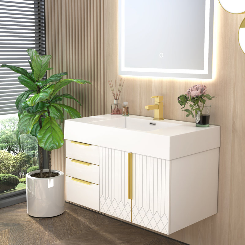Milana Floating Bathroom Vanity With Reinforced Acrylic Sink In Gloss White And Left Side Drawers, 36"