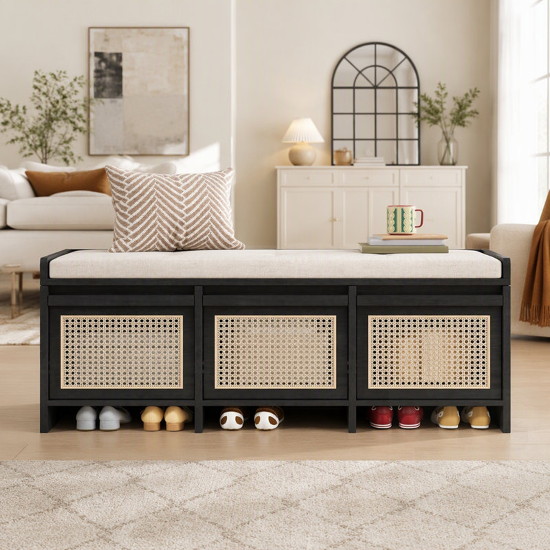 Banc de rangement rétro pour entrée avec tiroirs en rotin et coussin capitonné pour des espaces de vie organisés, Noir