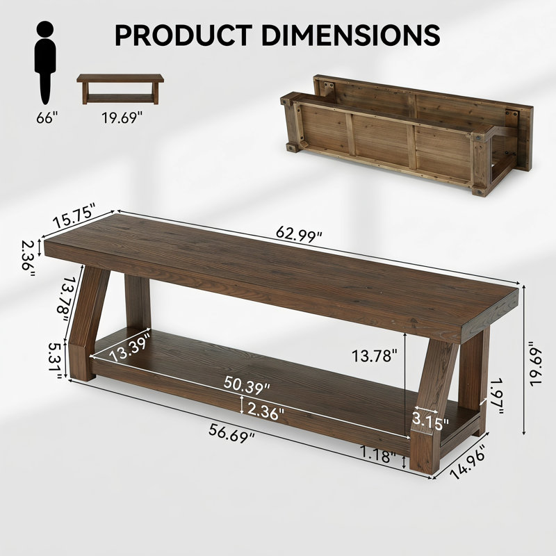 63" 2-Tier Solid Wood Entryway Bench With Storage, Shoe Bench Hallway Foyer Seating With Open Storage Shelves