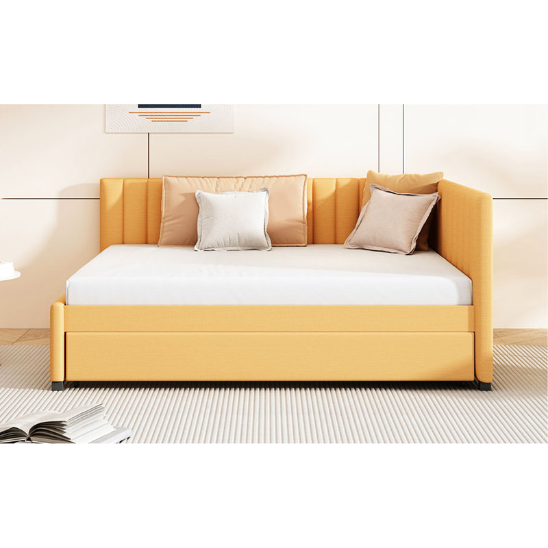 Lit de jour en lin jaune avec couchette, matériaux, aucun sommier nécessaire pour une chambre à coucher fonctionnelle entièrement rembourrée en lin, concept de lit gigogne réglable, requis