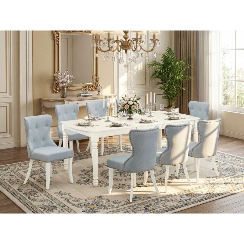 9 Piece Dining Table Set Includes a Rectangle Dining Room Table with Butterfly Leaf and 8 Baby Blue Linen Fabric Upholstered Chairs, Linen White