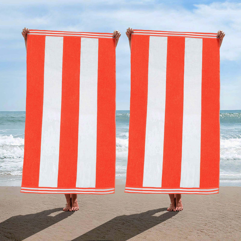 Calheta Cotton Oversized Cabana Stripe Beach Towels, Coral, 2