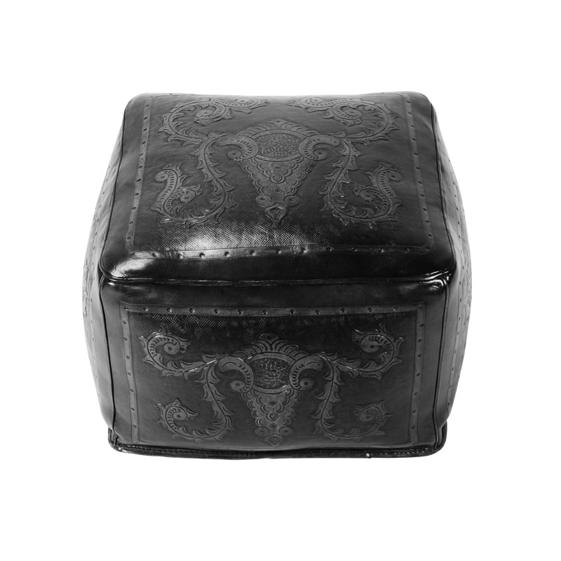 Navarette Upholstered Pouf, Black Genuine Leather