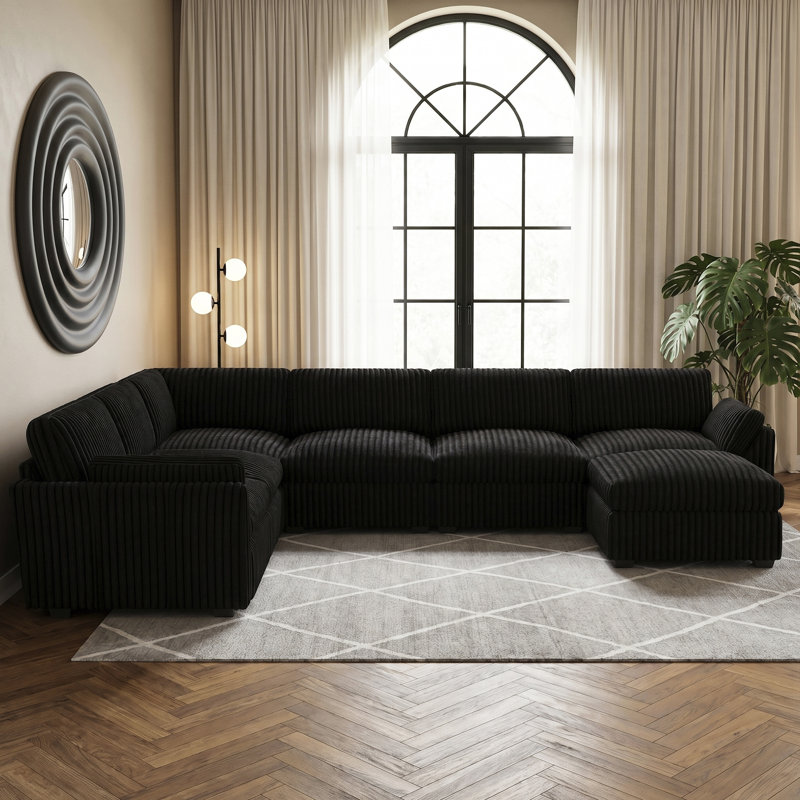 137.8" W U-Shaped Modular Sectional , Black Corduroy