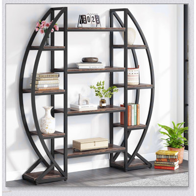 Triple Wide Oval Industrial Etagere Bookcase for Office and Living Room, Maximizing Storage and Style