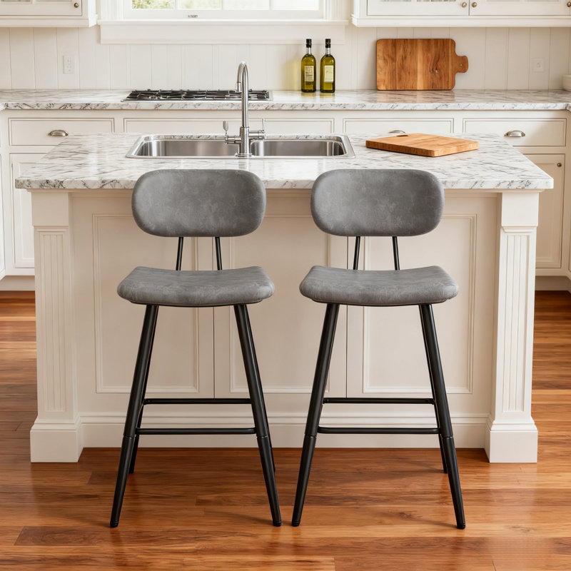 26.75" Leather Counter & Bar Stool with Large Seat and Back, Gray