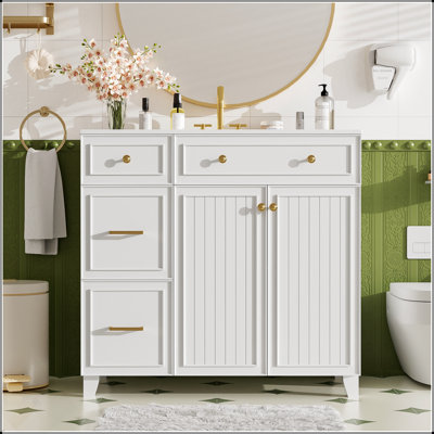 Meuble-lavabo moderne de 36 pouces avec lavabo en céramique, tiroirs à double couche, portes à fermeture en douceur et tablettes réglables pour les petites et moyennes salles de bain