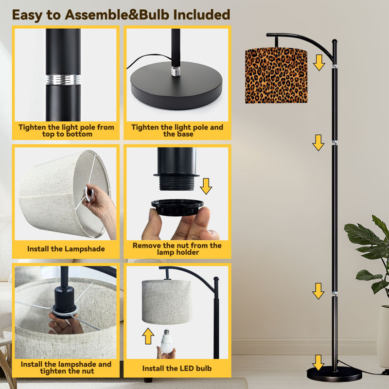 Arc Floor Lamp Seamless leopard cat spots yellow texture leopard fashion design Floor Lamps with Remote LED Lights Adjustable Lamp Shades Tall Standing Lamps for Reading Office Living Room