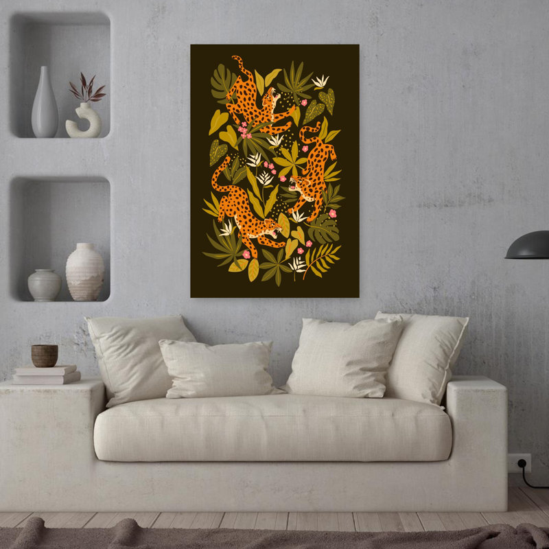 Leopards Or Jaguars With Tropical Leaves And Plants On Dark Black Background by Angelina Bambina - Wrapped Canvas Print