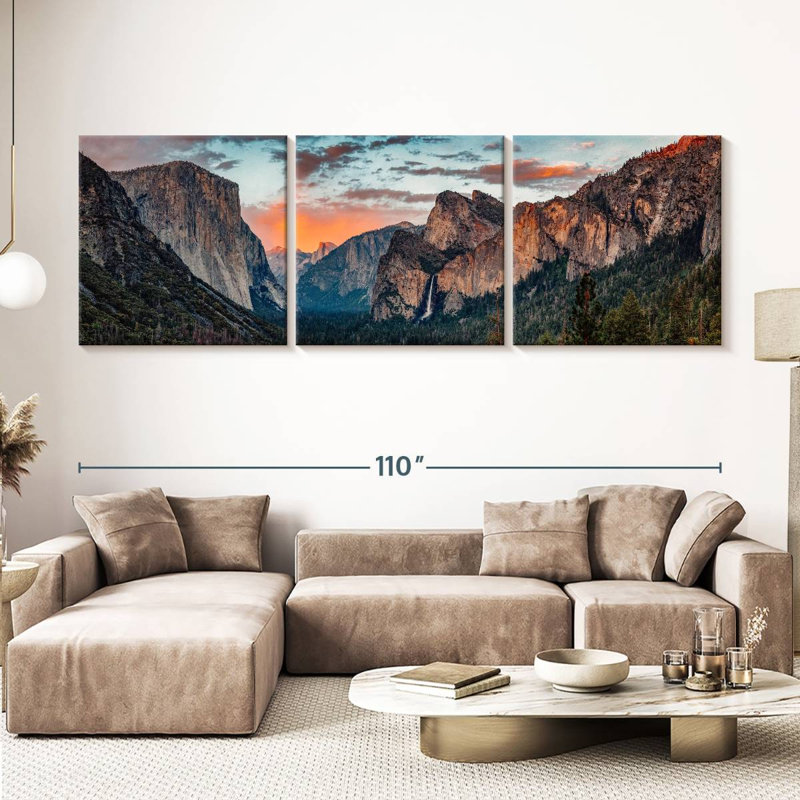 «Mountain Yosemite Sunset Splendor» sur toile, reproduction de 3 pièces, H 36 po x l 110 po