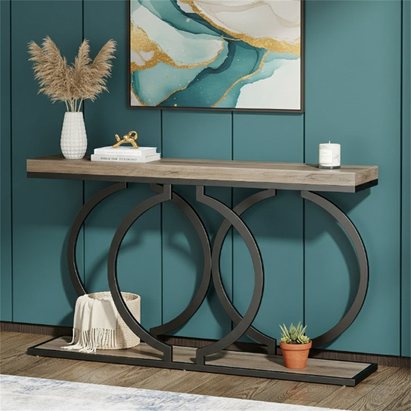 55" Console Table, Narrow Entryway Sofa Table With Geometric Metal Frame, Vintage Gray, Vintage Gray