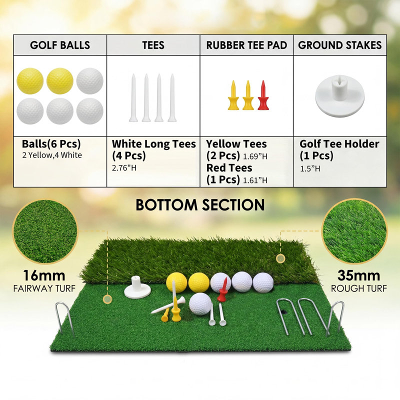 Filet de pratique de golf 10 pi x 7 pi avec filet à copeaux, double tapis de gazon, balles et tés, ensemble d'entraînement de golf intérieur / extérieur portable