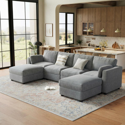 Canapé modulaire en forme de L gris, 6 sièges avec repose-pieds, coussins profonds, canapé reconfigurable pour le salon