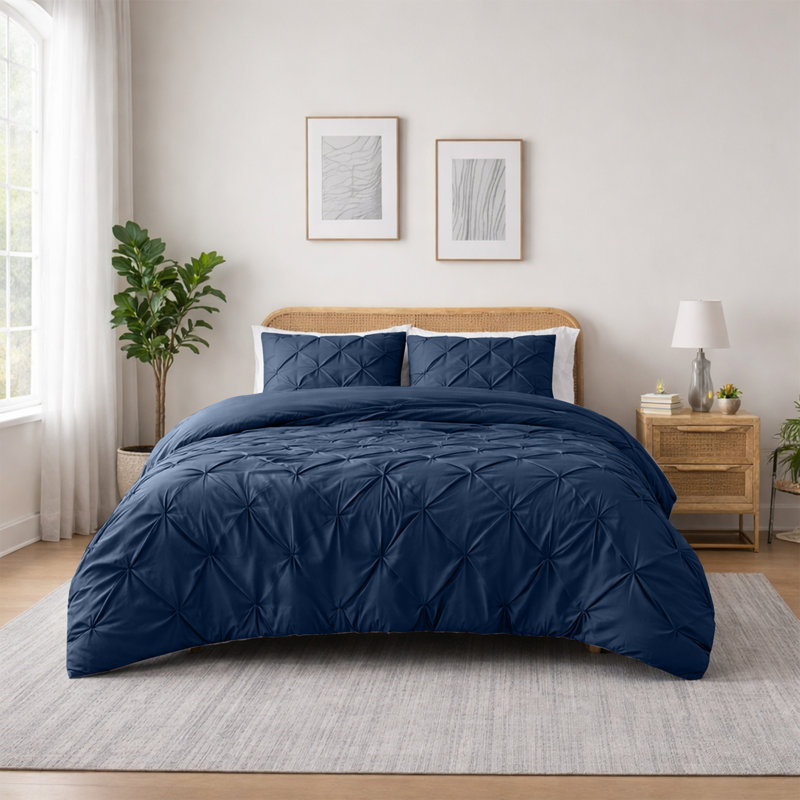 Microfiber Pintuck Duvet Cover Set – 2 Pillowcases, Navy, King Duvet Cover + 2 Standard Pillowcases