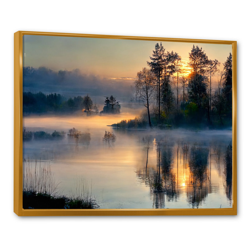Rasheed matin brouillard au-dessus du lac coucher de soleil II - art mural lac, Cadre flottant doré