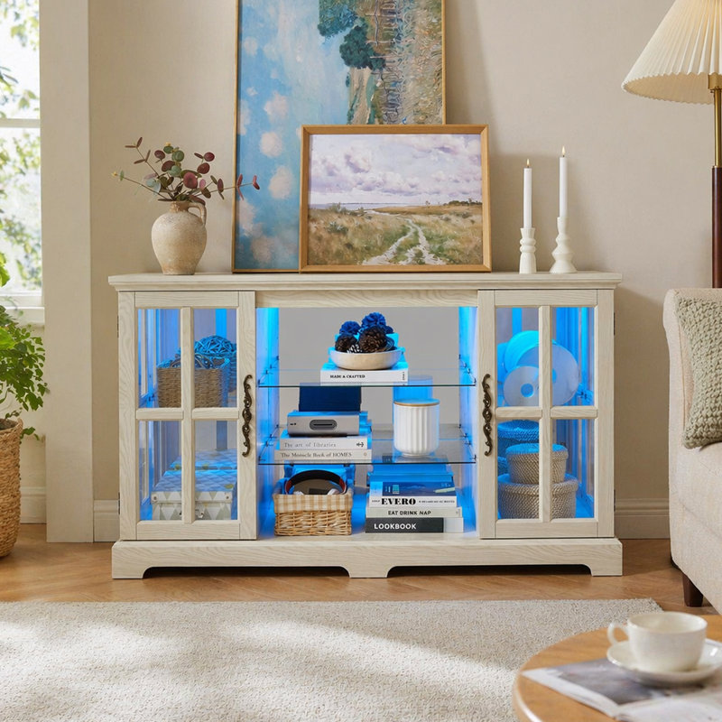 Armoire basse à 2 portes avec treillis latéral et poignées rétro, 2 tablettes réglables à 2 niveaux, armoire de rangement multifonctionnelle en verre pour la salle à manger, le salon, la chambre à coucher, le salon, BLANC
