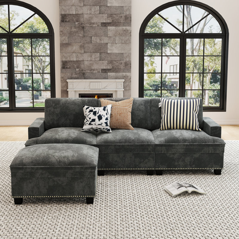 4-Piece Modern L-Shaped Corduroy Modular Sectional Sofa, Cloud Couch With Storage Ottoman, Gray Corduroy