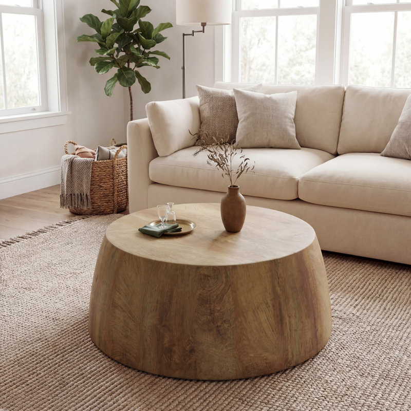 Round Drum Coffee Table with Faux Wood Finish (MDF)