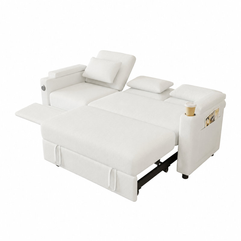 Canapé-lit pliant de 81 po, canapé-lit coulissant pour 3 personnes avec table et ports USB, dossier réglable, 81", Off White